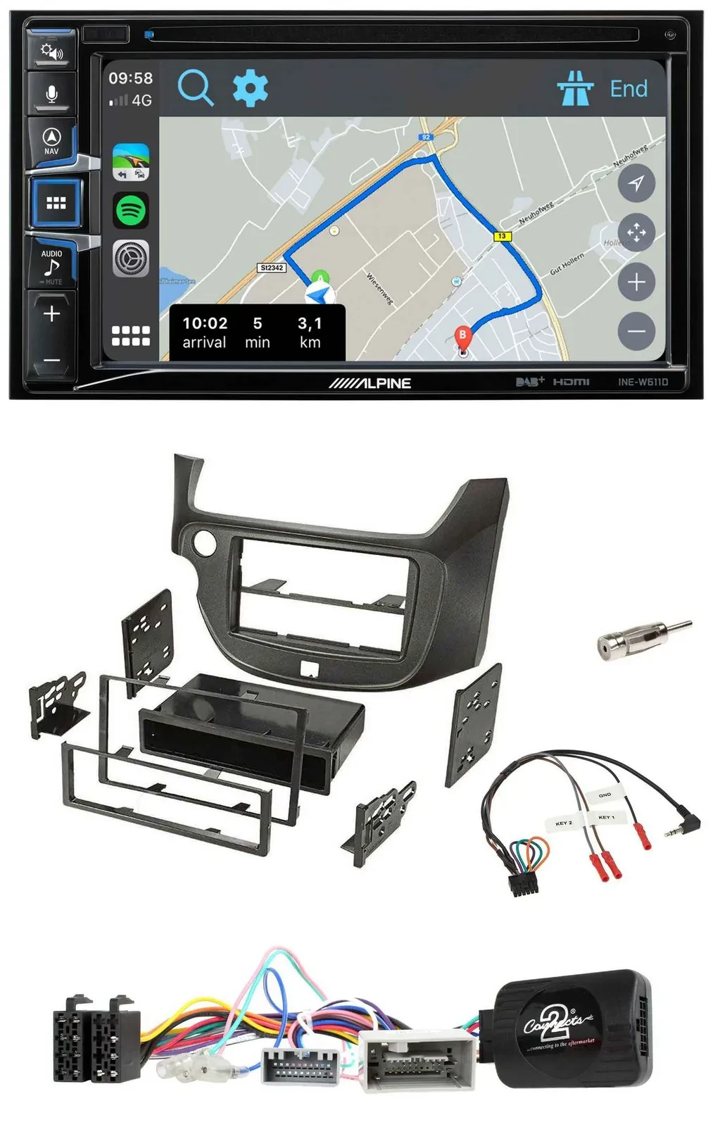 Alpine DAB TMC Bluetooth 2DIN USB Lenkrad Navigation für Honda Jazz ab 14 dunkel