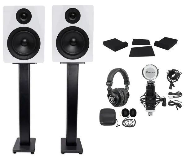 (2) Rockville DPM5W 5.25" 300w Dual Active Studio Monitors+Stands+Headphones+Mic