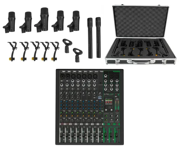 Mackie ProFX12v3+ 12-Ch. Effects Mixer w/USB+7 Piece Drum Mic Kit ProFX12 v3+