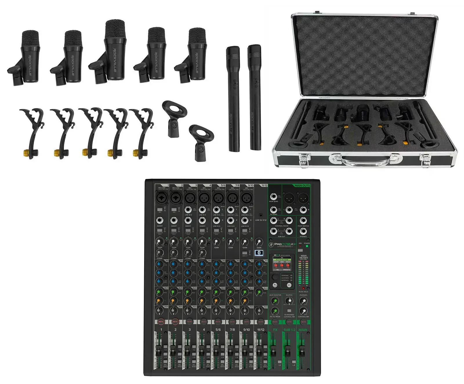 Микшерный пульт Mackie ProFX12v3+ 12-канальный, USB, с эффектами (набор, 7 микрофонов для ударных)