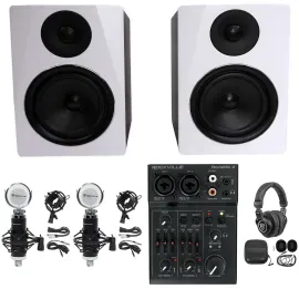 Rockville Recording Kit: 2) 6.5" White Studio Monitors+USB Mixer+Mics+Headphones