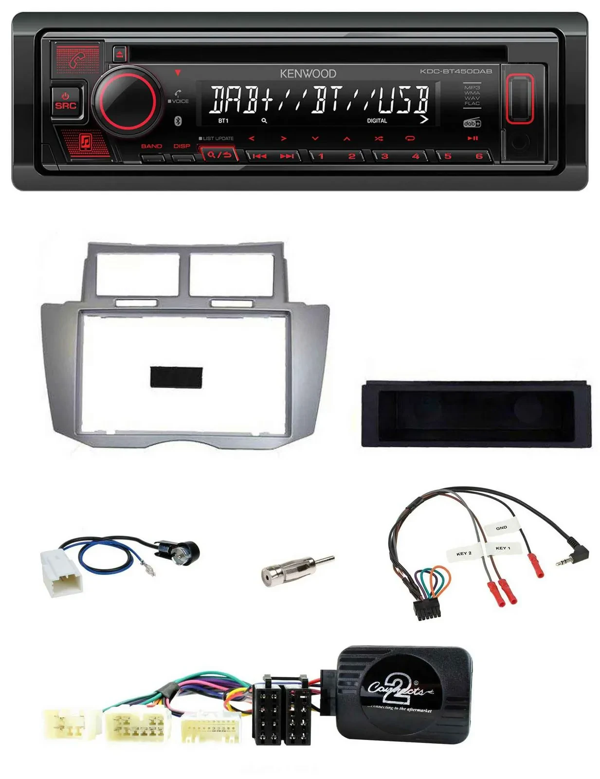 Автомагнитола для Toyota Yaris 2007–2011 Kenwood CD, USB, Bluetooth, DAB, серебристая