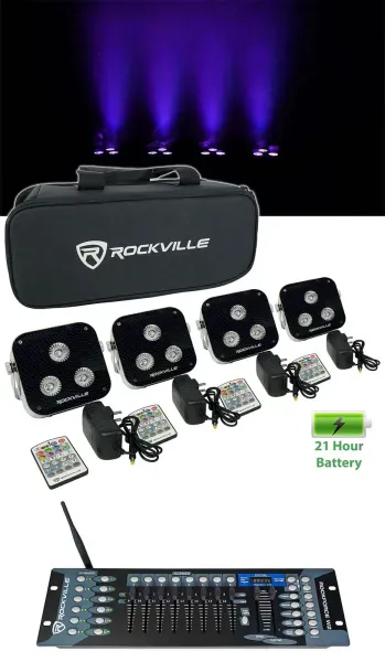 Rockville 4 PACK MINI RF3 DJ Par Up-Lights+Bag+Remotes+Wireless DMX Controller