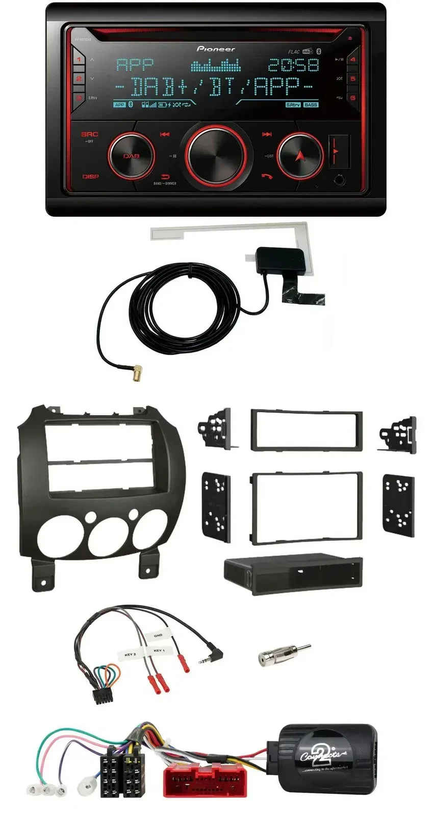 Автомагнитола Pioneer 2DIN CD USB Bluetooth DAB для Mazda 2 (2007–2014) с поддержкой управления на руле