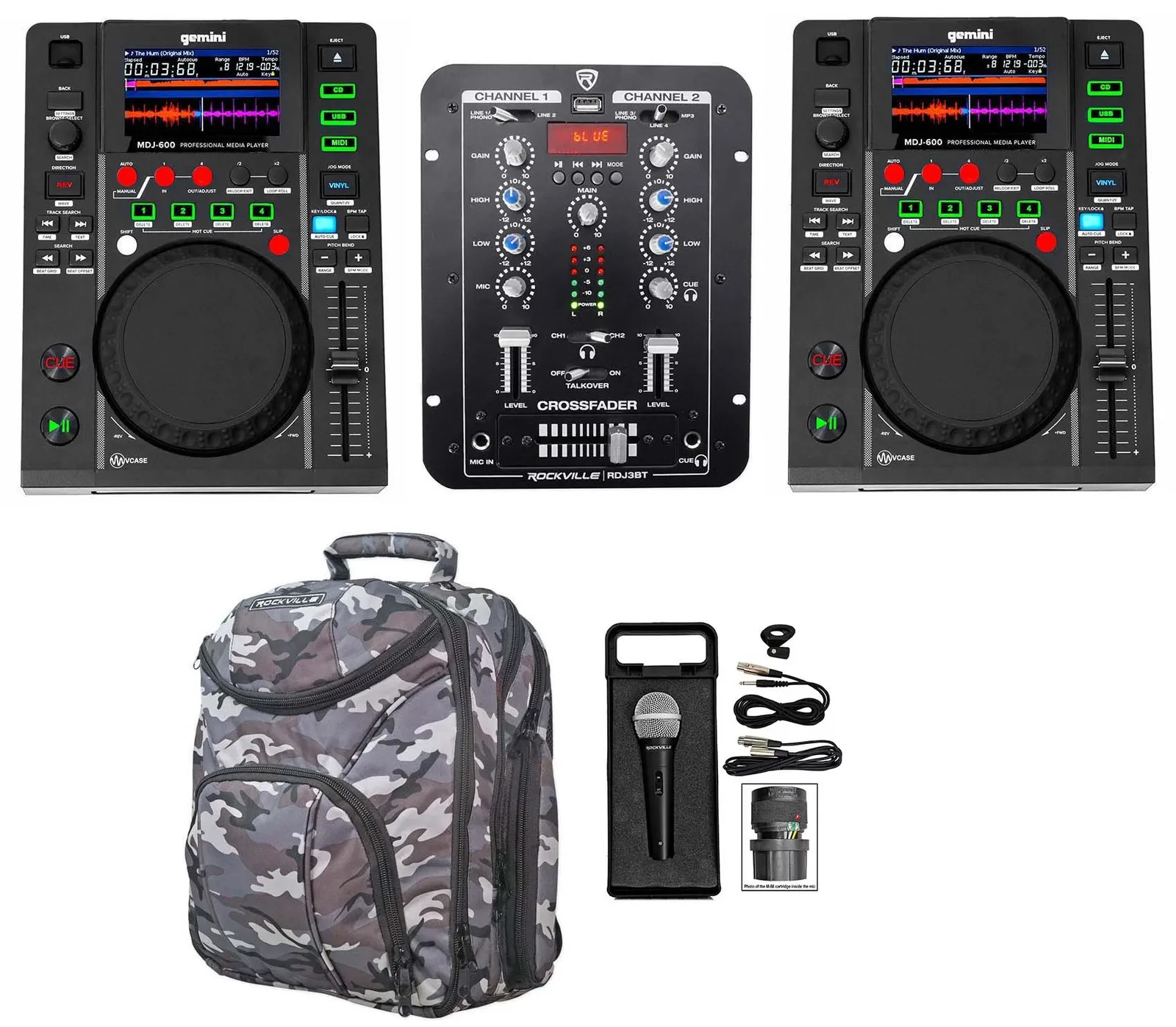 DJ-контроллер с джогом Gemini (2) MDJ-600+RDJ3BT+RMC-XLR+RVCAMOPACK USB/CD, MIDI, микшер, микрофон (набор, 2 шт.)