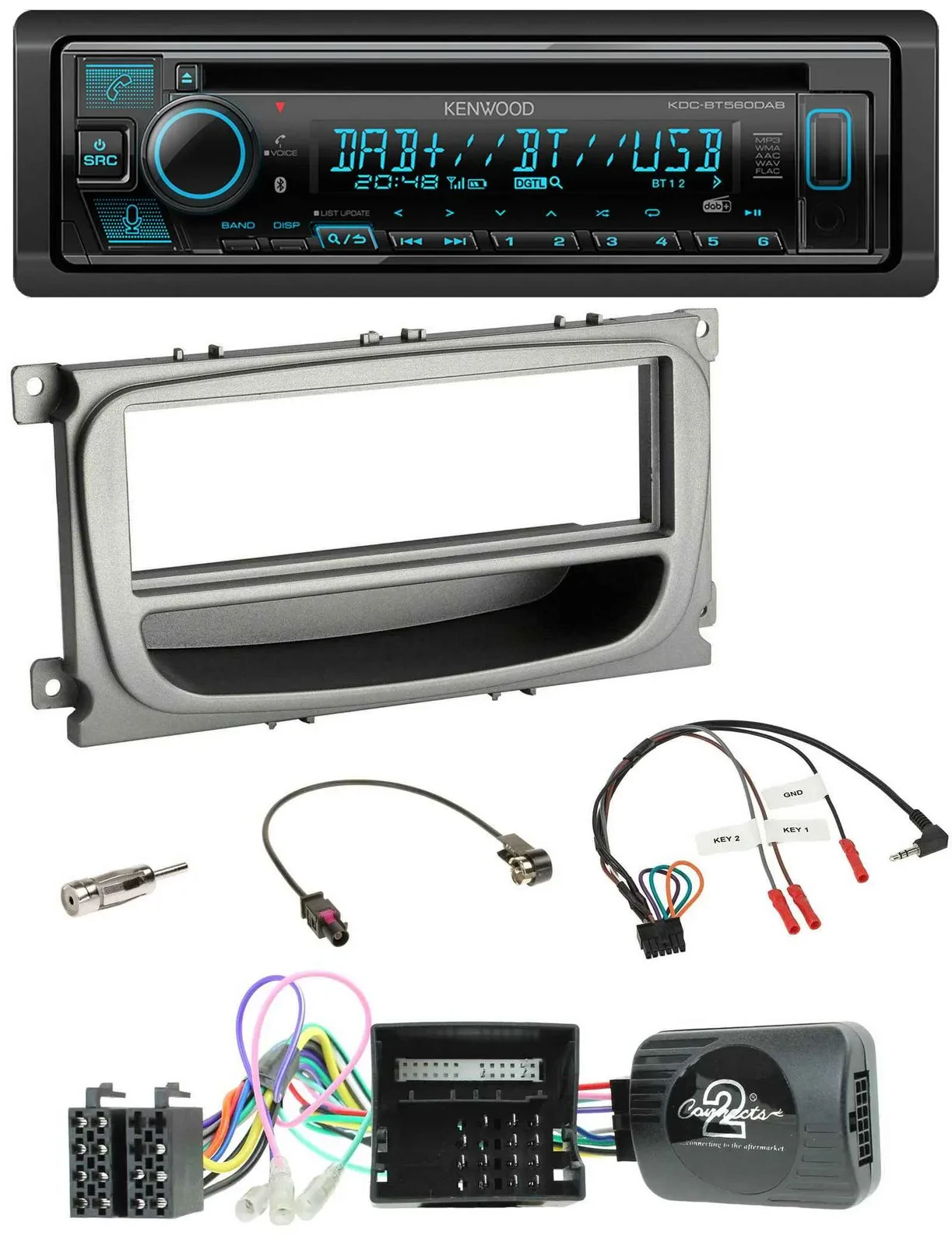 Автомагнитола Kenwood Bluetooth DAB CD USB для Ford S-Max/Mondeo (2007–2014, CAN, поддержка кнопок на руле)