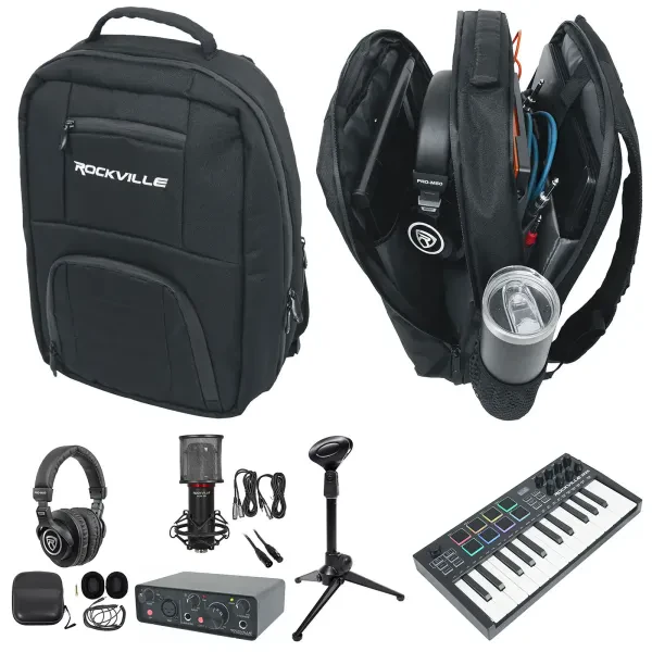 Студийный комплект Rockville M25 Portable Recording Pack 1 контроллер+аудиоинтерфейс+наушники+микрофон+сумка, черный