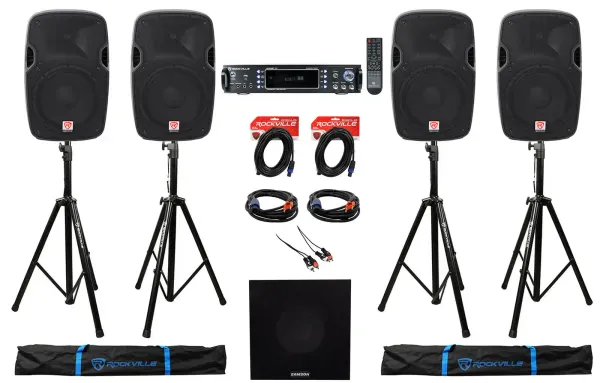 (4) Rockville 12” 12000w DJ PA Speakers+Stands+2-Ch. Bluetooth Amplifier+10" Sub