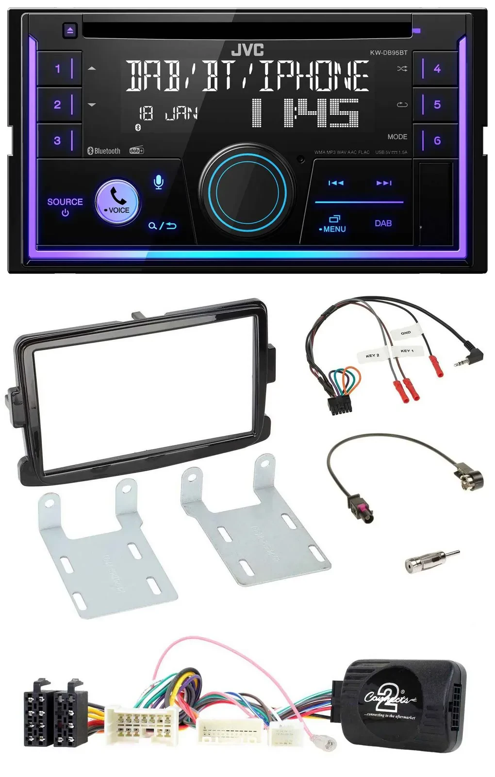 JVC Lenkrad USB 2DIN DAB Bluetooth CD Autoradio für Dacia ab 2012 piano schwarz