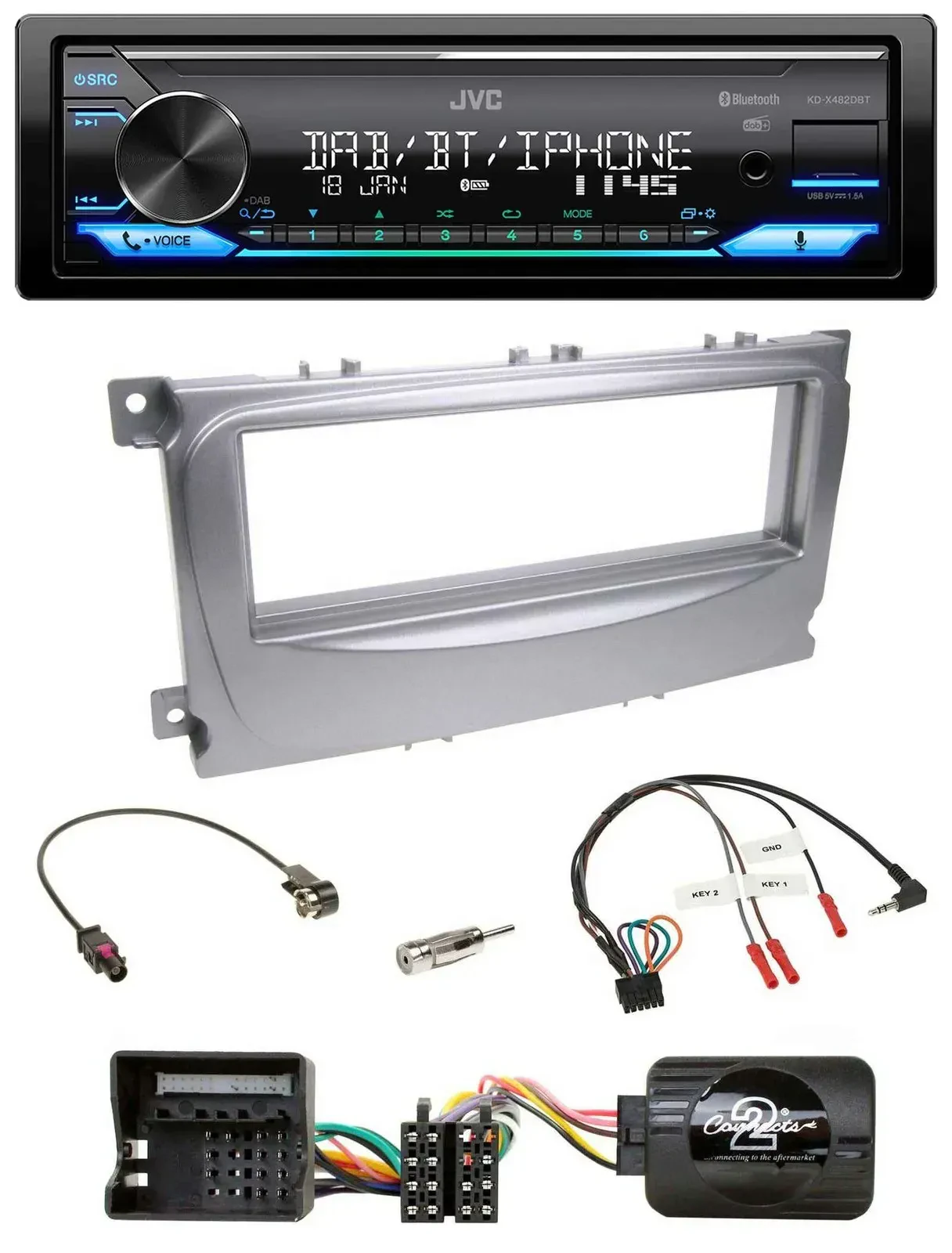 Автомагнитола JVC Bluetooth DAB USB, совместима с кнопками на руле, для Ford S-Max/Mondeo (2007–2014), серебристая