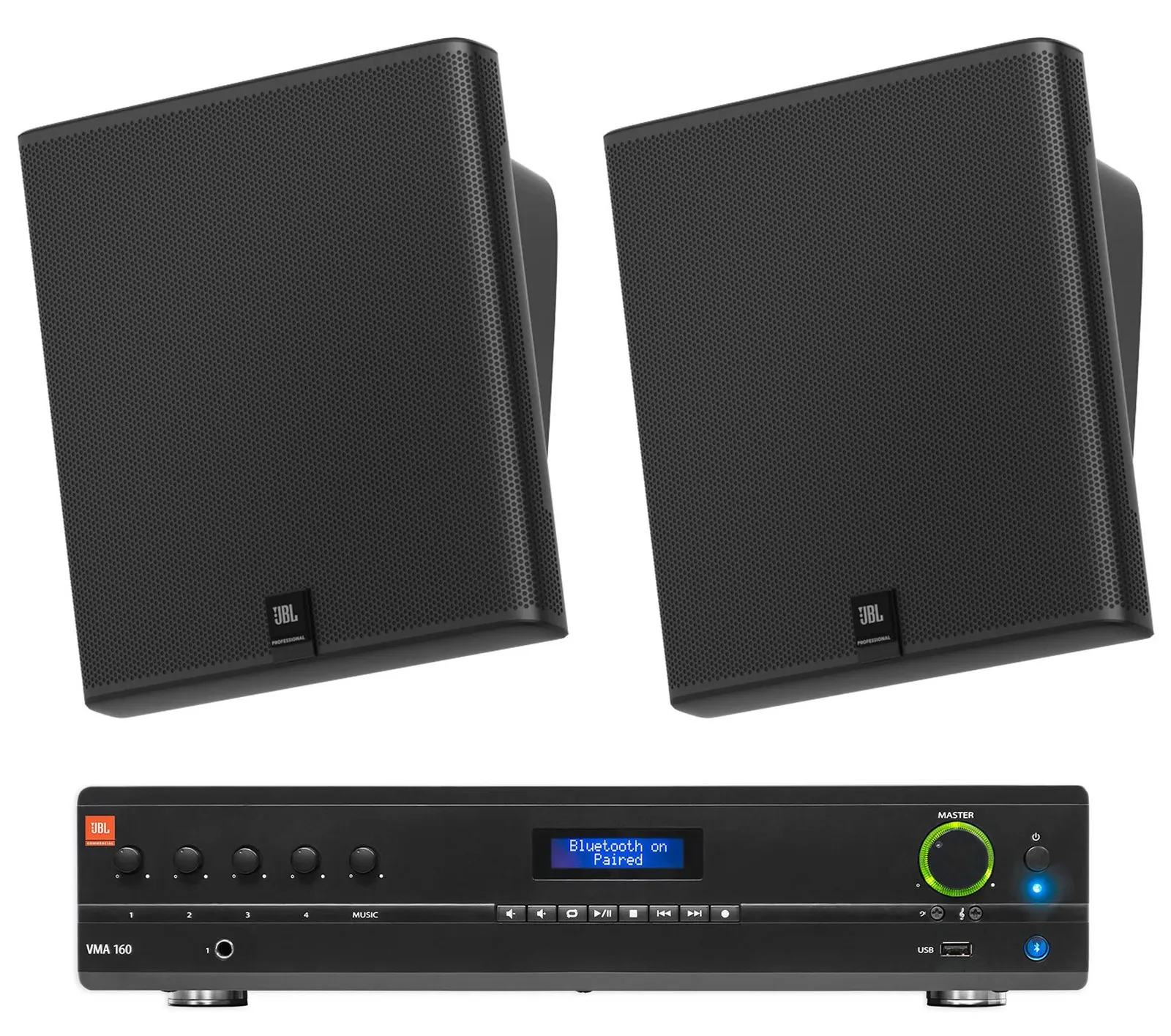 2) JBL SLP12/T-BK Sleek Low-Profile On Wall Mount 3" 70v Commercial Speakers+Amp