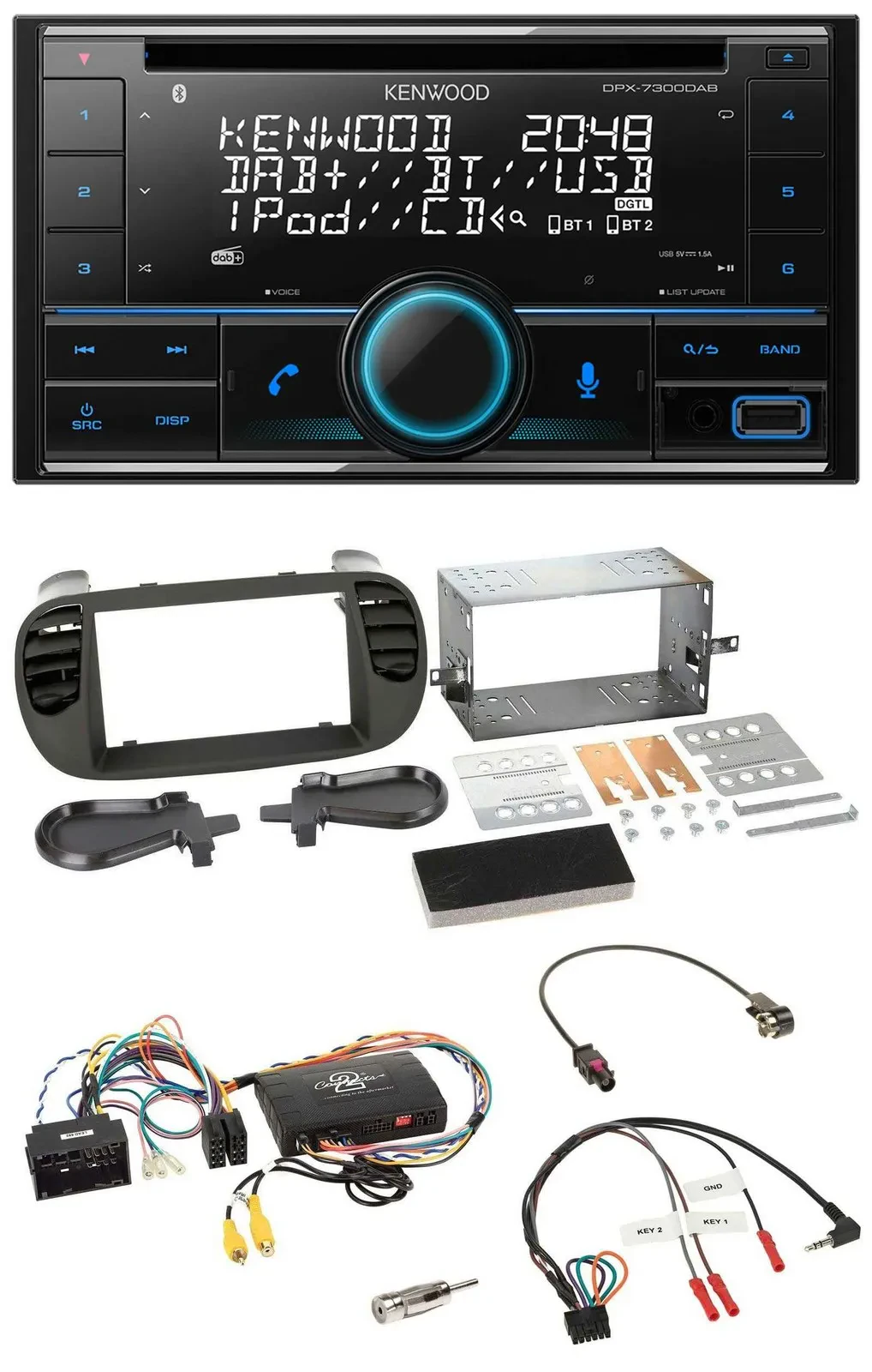 Kenwood CD 2DIN DAB USB Lenkrad Bluetooth Autoradio für Fiat 500 14-15 soft touc