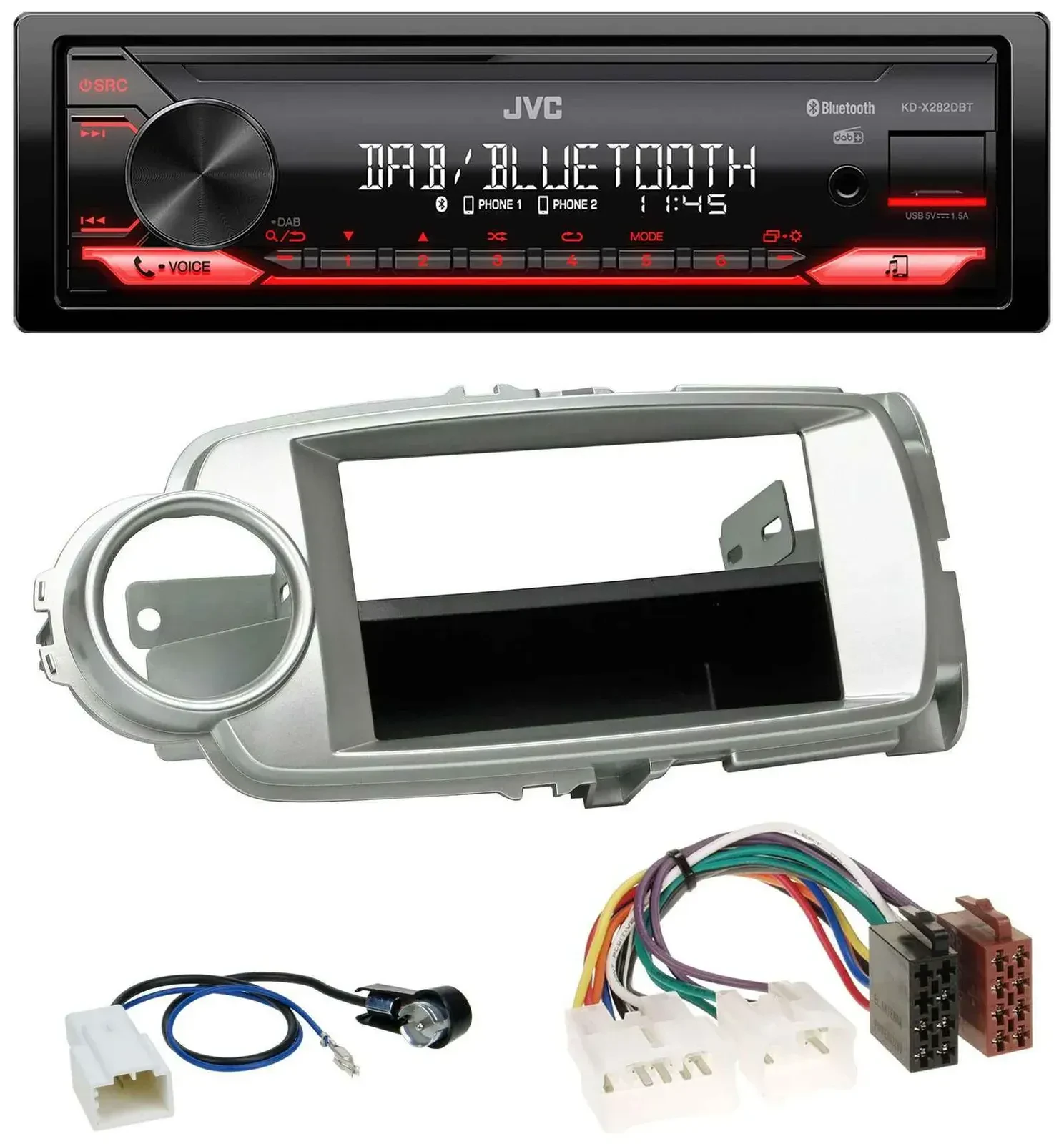 Автомагнитола для Toyota Yaris (2011–2014) JVC Bluetooth, USB, DAB, MP3, серебристая