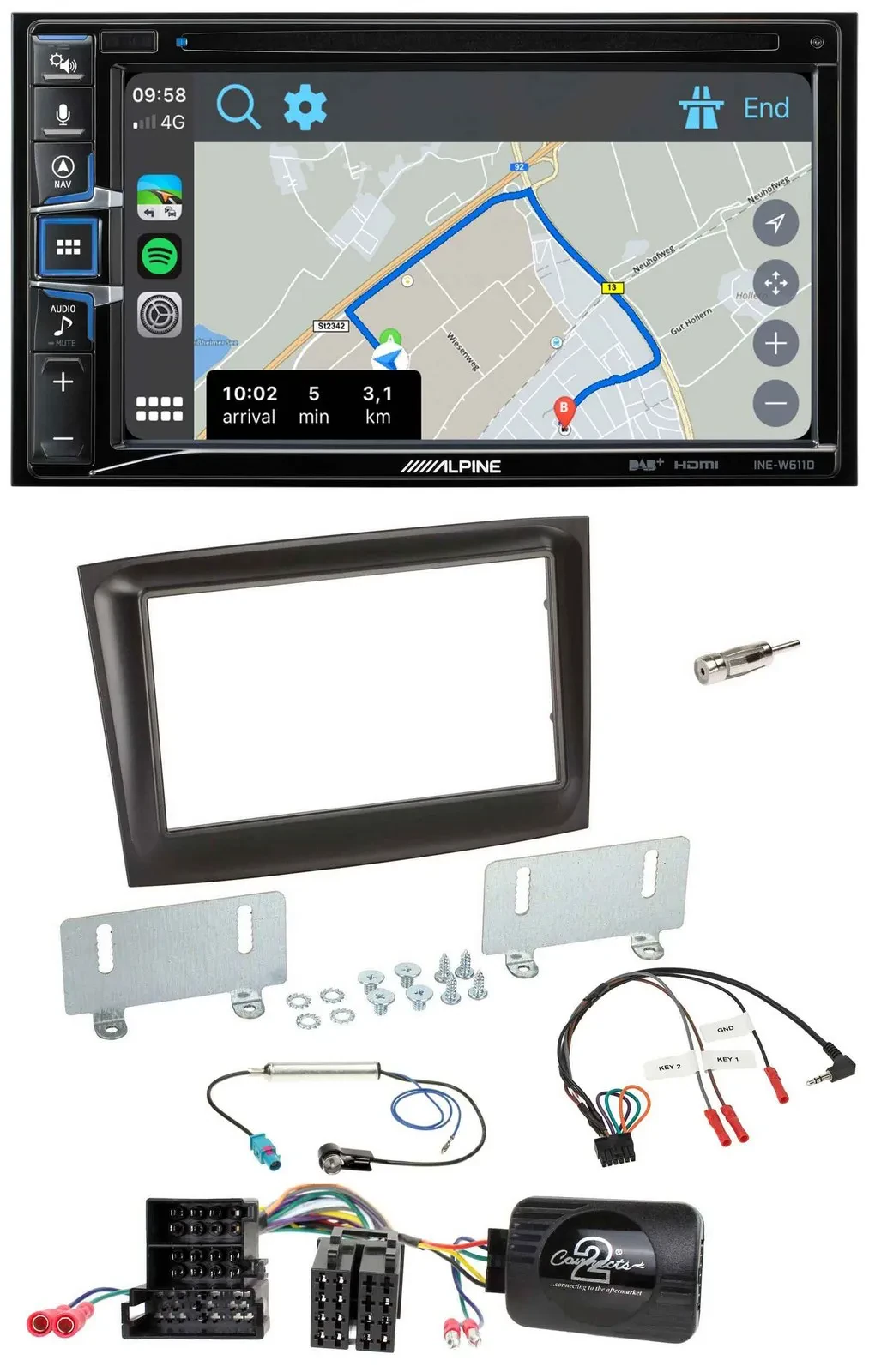 Alpine DAB TMC Bluetooth 2DIN USB Lenkrad Navigation für Fiat Doblo Mini-ISO ab