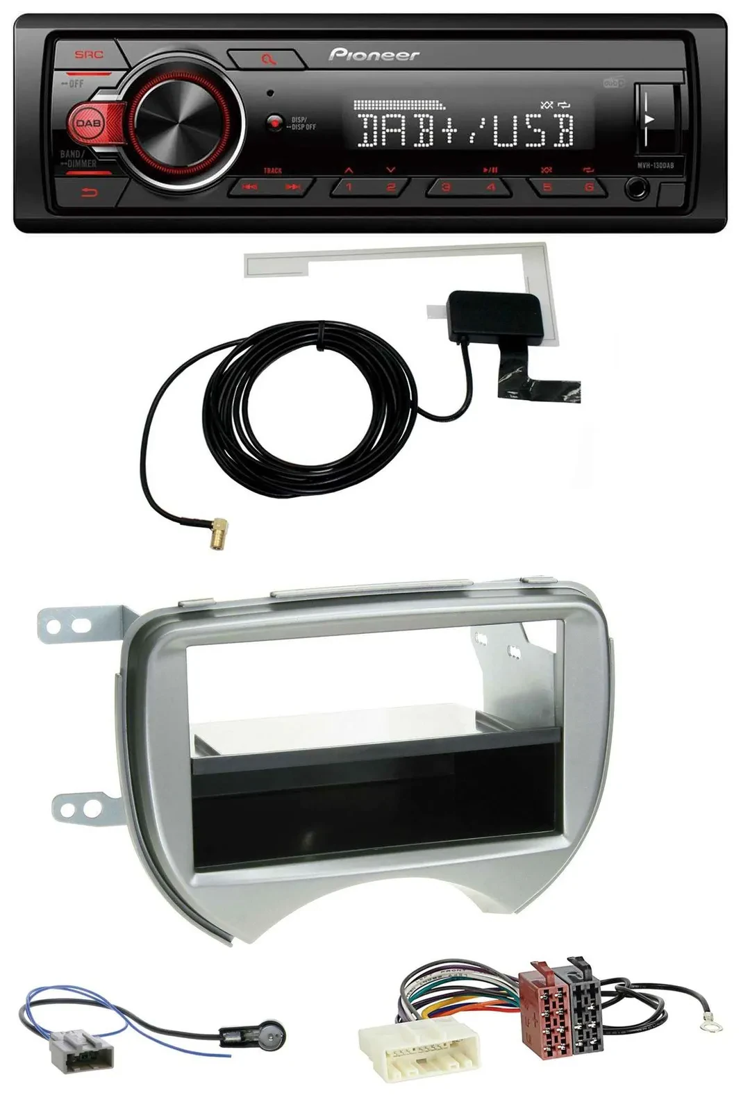 Автомагнитола Pioneer 1-DIN MP3 DAB USB AUX для Nissan Micra (2010–2013, K13) серебристая