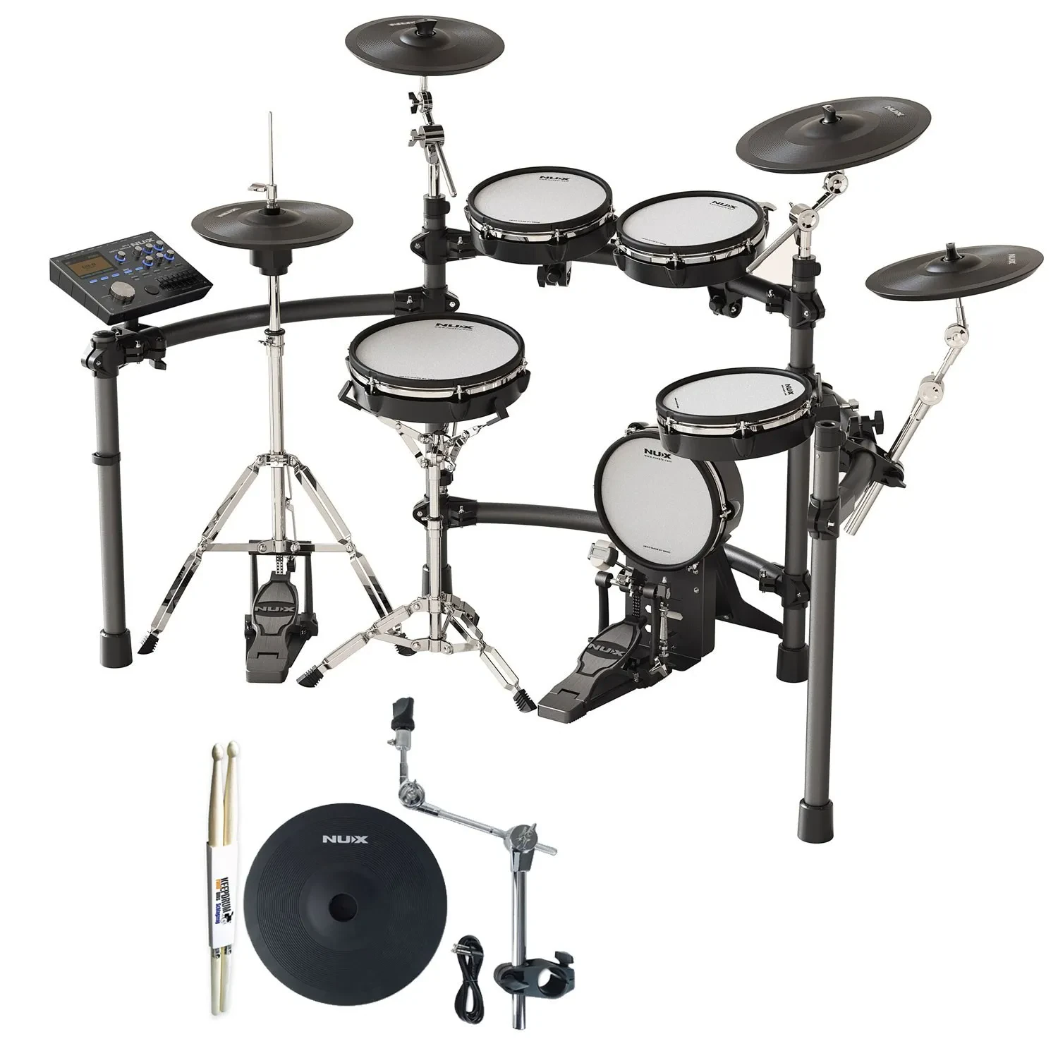 Nux DM-8 E-Drum Schlagzeug mit Becken-Pad und keepdrum Drumsticks 1 Paar