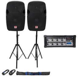 (2) Rockville 12" 2400 Watt DJ PA Speakers+Stands+Cables+Bag+Bluetooth Mixer