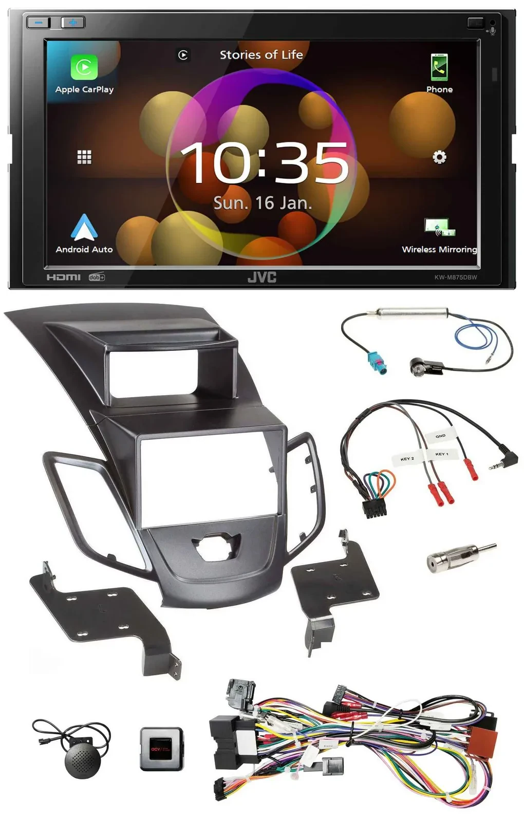 JVC DAB Lenkrad 2DIN Bluetooth USB Autoradio für Ford Fiesta Display 2008-10 sch