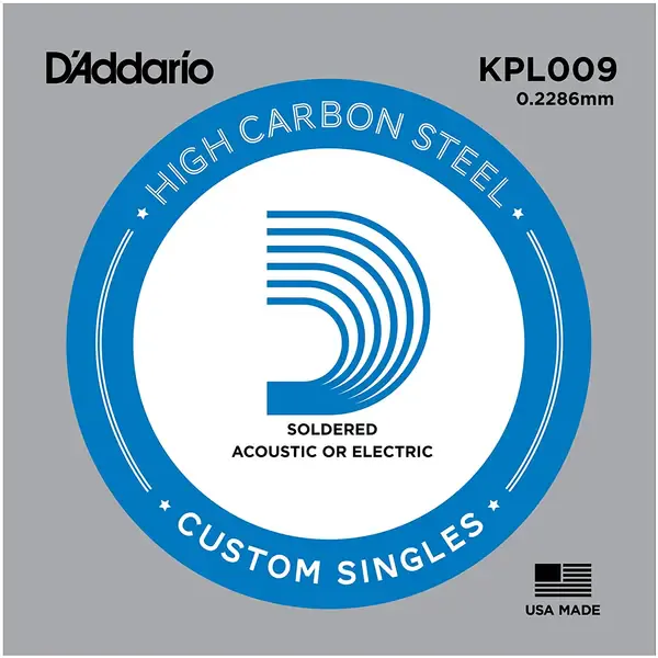 Струна для акустической и электрогитары D'Addario KPL009 High Carbon Steel Custom Singles, сталь, калибр 9