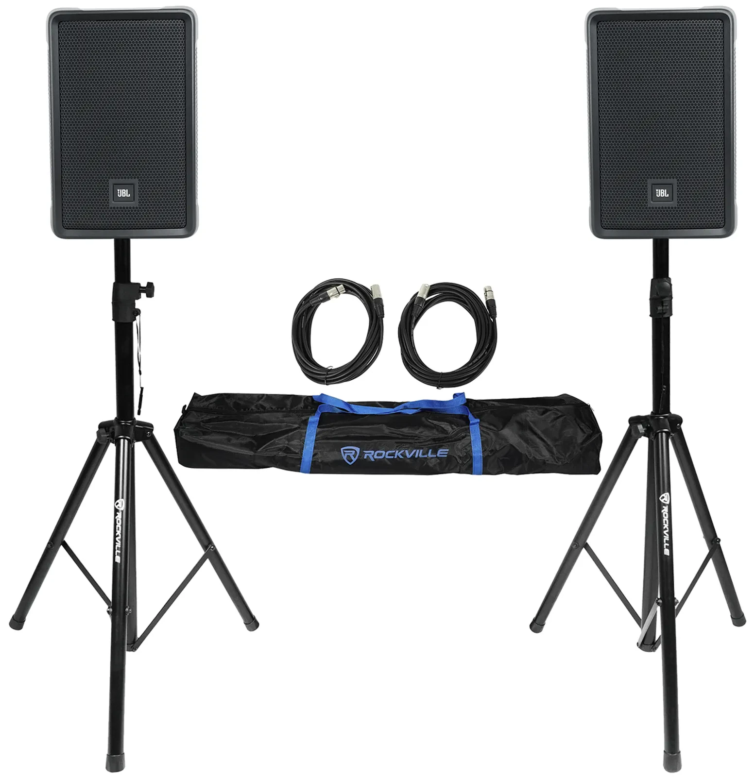 2) JBL IRX108BT 8" 1000 Watt Powered DJ Portable PA Speakers w/ Bluetooth+Stands