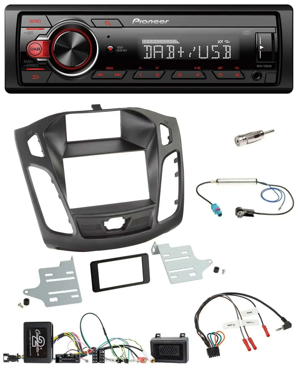 Автомагнитола для Ford Focus DYB 2011-2014 Pioneer 1DIN, DAB, USB, MP3, поддержка кнопок на руле