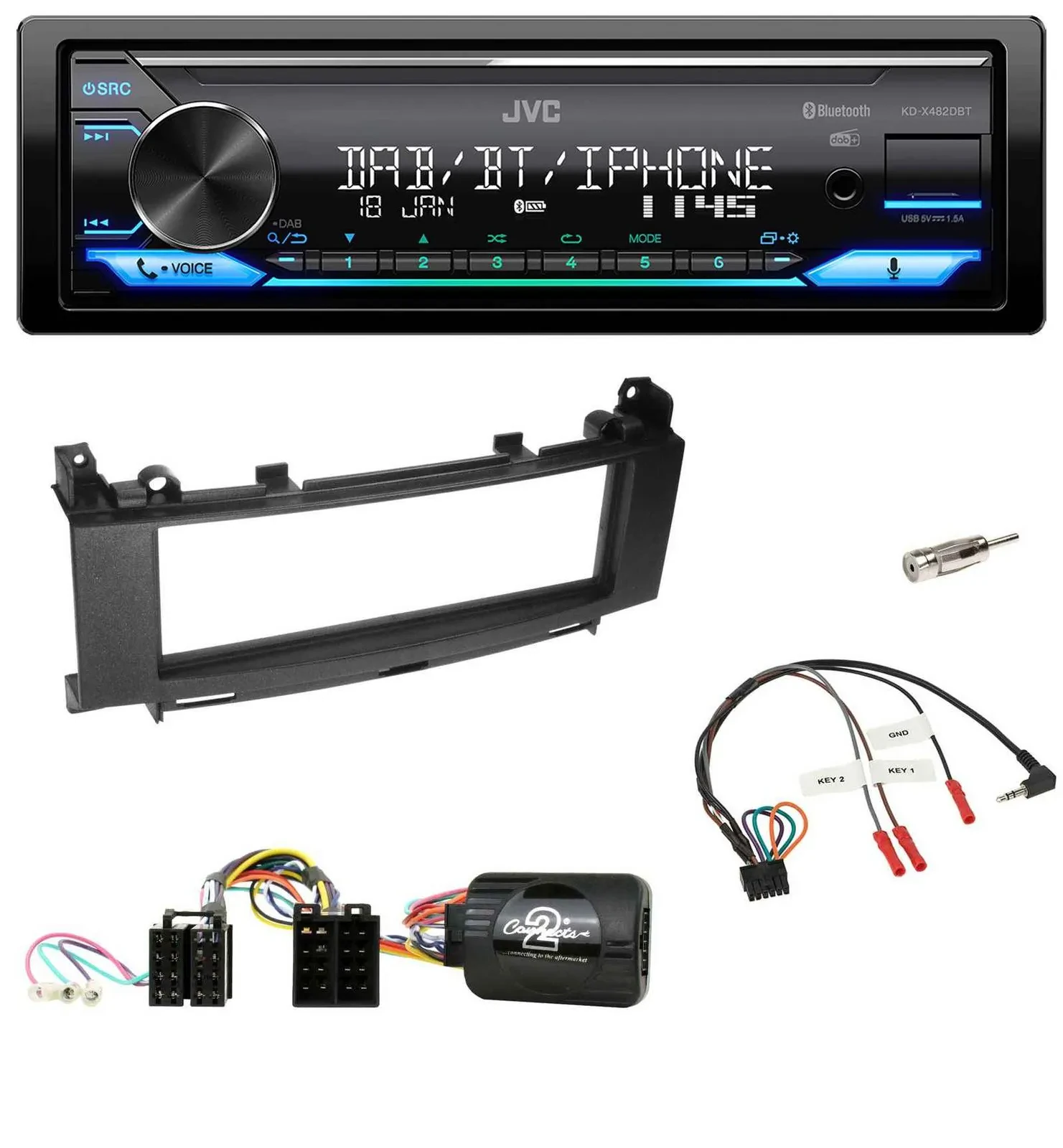 Автомагнитола JVC Bluetooth DAB USB для Mercedes A-Class/B-Class (2005–2011) с поддержкой кнопок на руле
