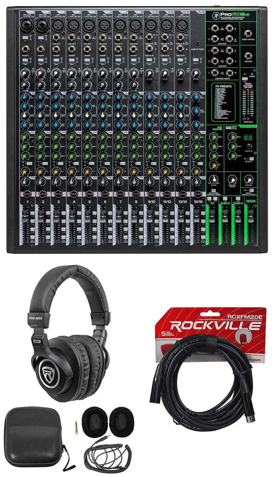 Аналоговый микшер Mackie ProFX16v3 16-канальный, 4-шинный, USB, с эффектами (набор, с наушниками)