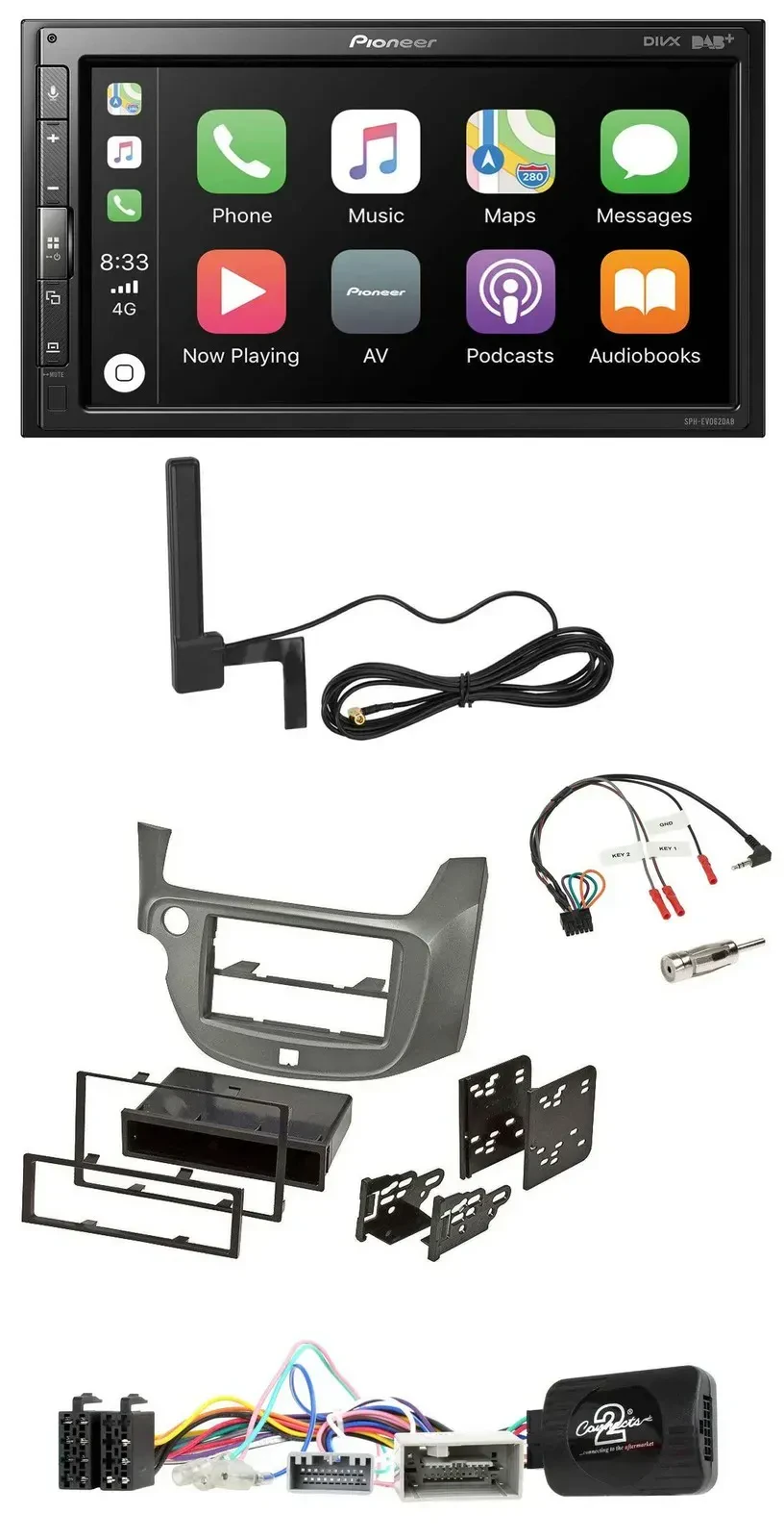 Автомагнитола для Honda Jazz Pioneer 2 DIN USB Bluetooth DAB серебристый с поддержкой кнопок на руле