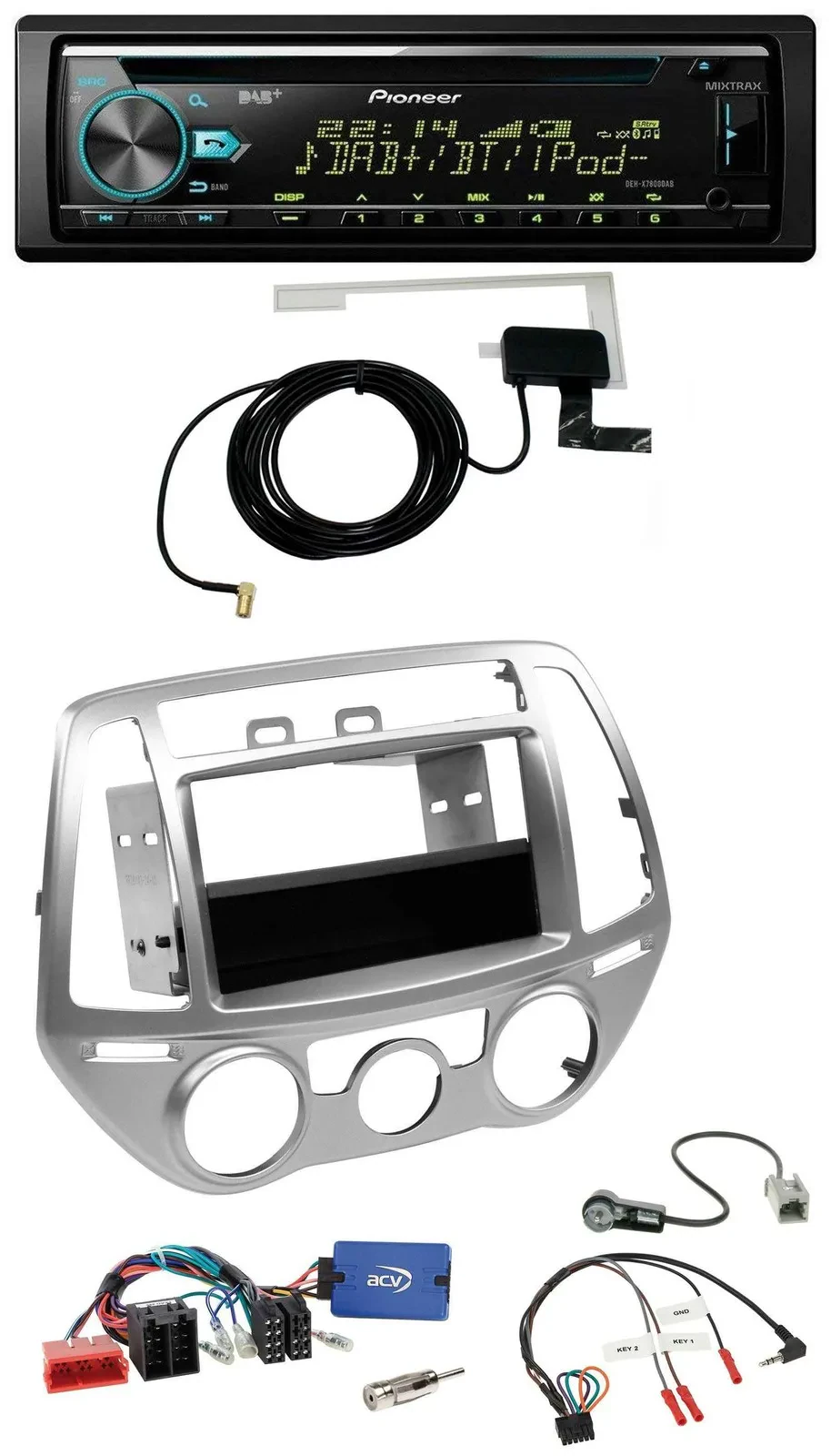 Автомагнитола для Hyundai i20 2012–2014 Pioneer CD/USB, DAB, MP3, серебристая, поддержка управления на руле