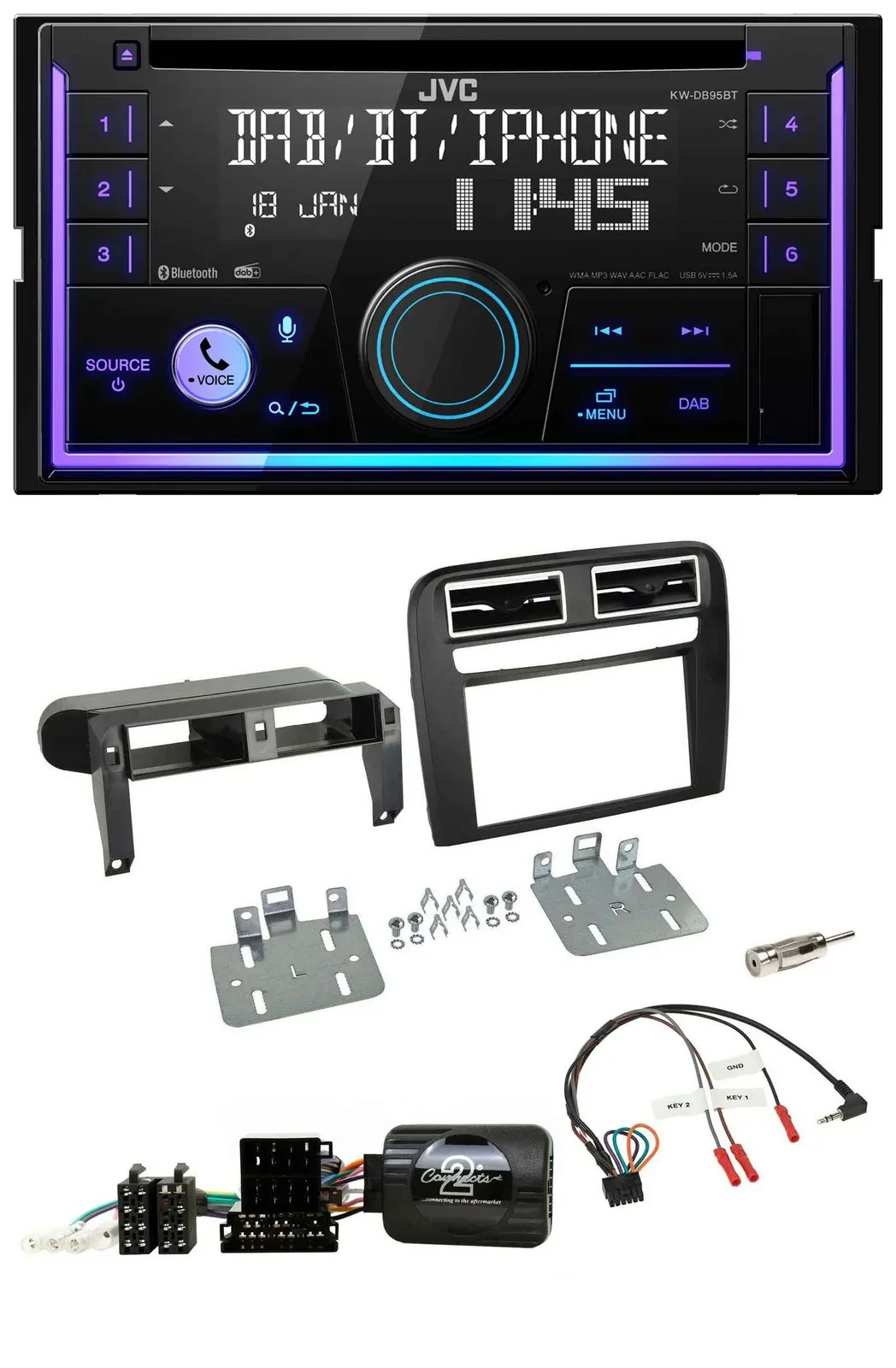 Автомагнитола для Fiat Grande Punto 2006–2009 JVC 2DIN USB DAB Bluetooth CD, черная, совместима с кнопками на руле