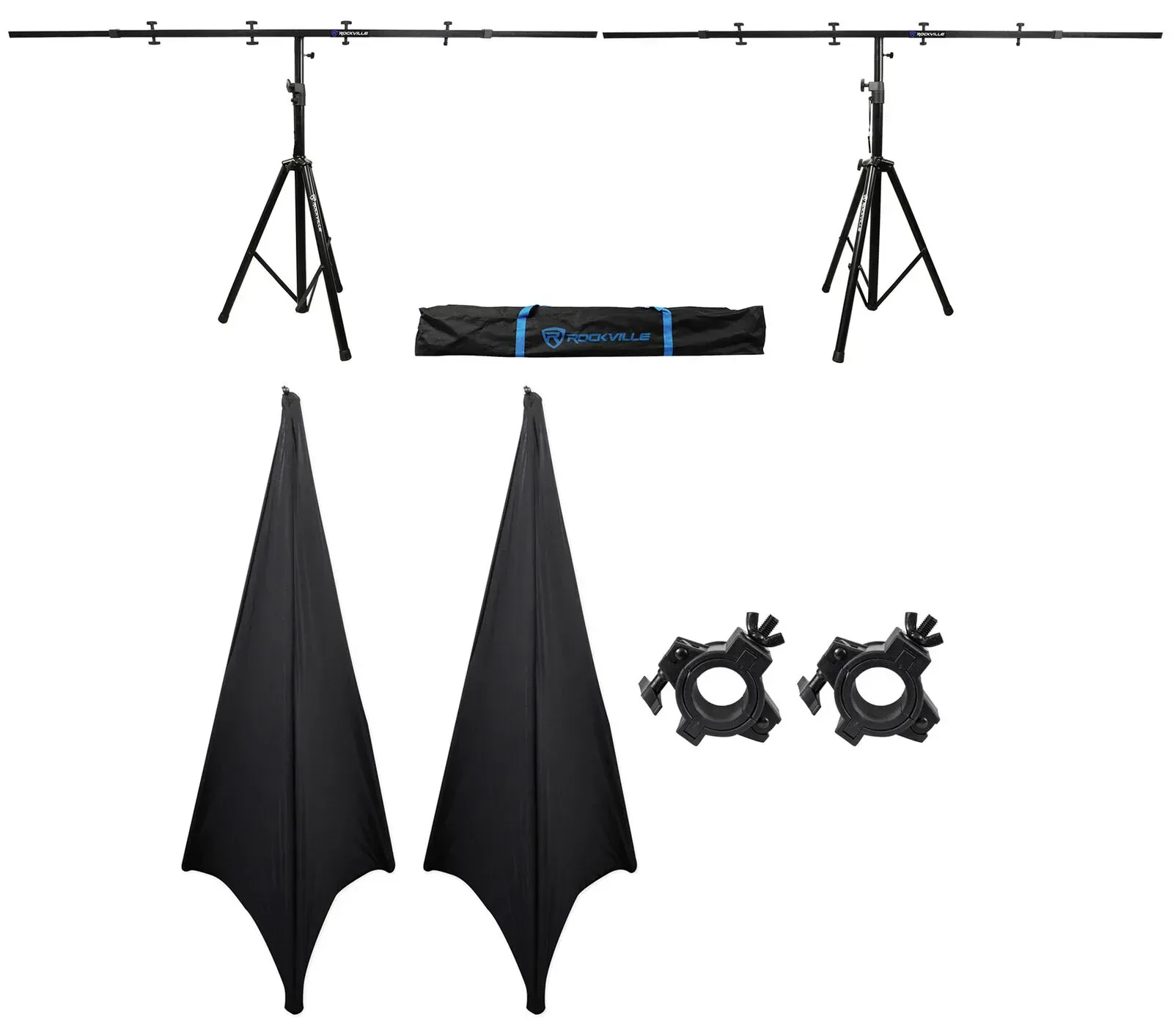 Стойки для колонок Rockville RVSS2+RCS52+(2) RSC7B+(2) O-CLAMP/1.5 (набор) чёрные, тренога, 2 шт., с перекладиной для света и чехлами scrim
