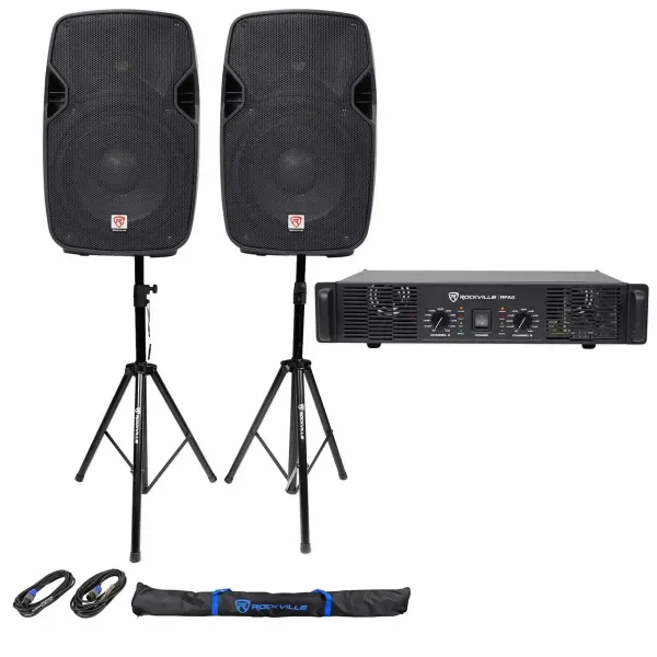 2 Rockville SPGN104 10" 800w DJ PA Speakers+Rocville RPA5 1000w Amplifier+Stands