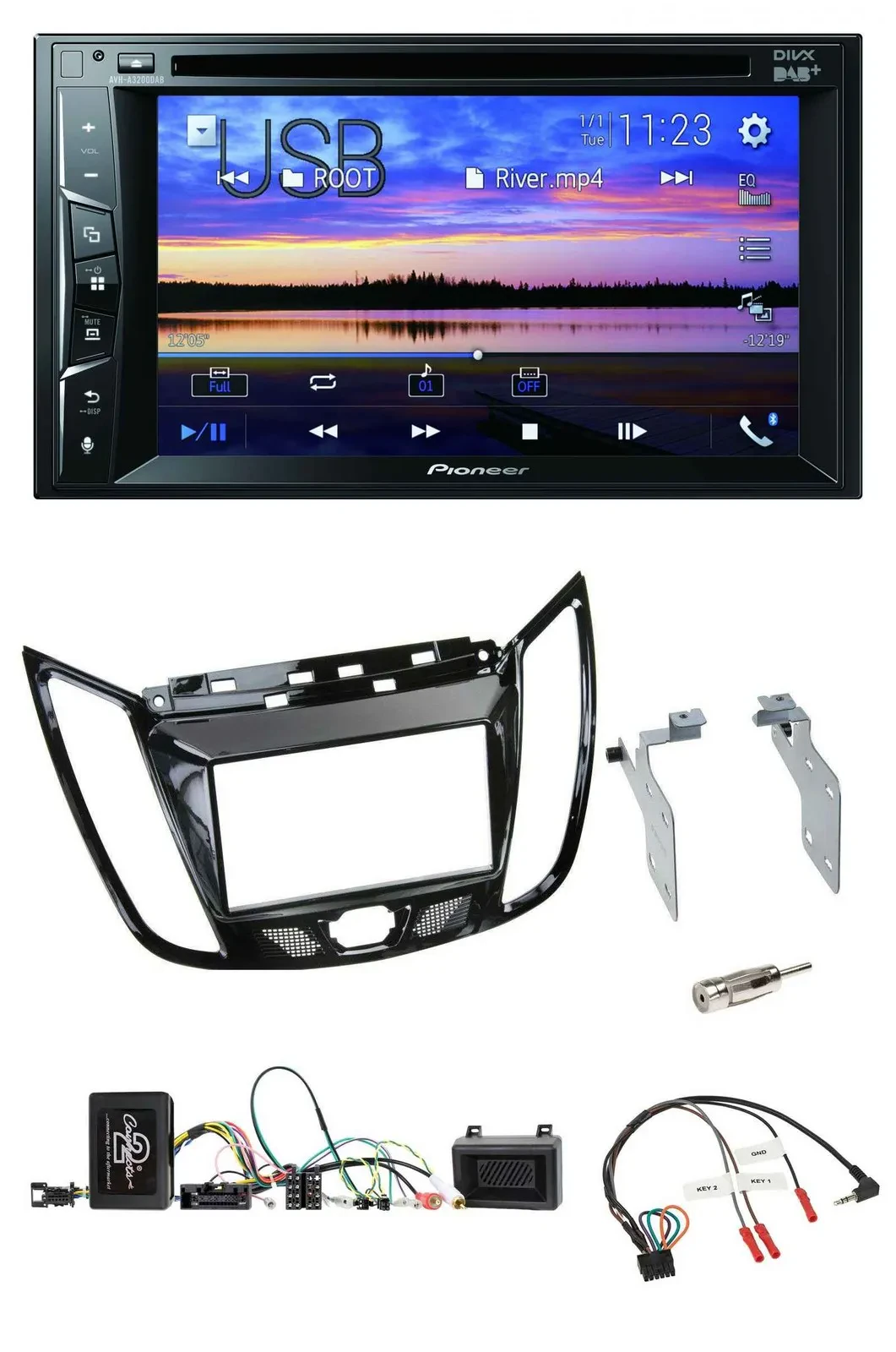 Автомагнитола Pioneer 2-DIN Bluetooth USB DVD DAB для Ford C-Max/Kuga, чёрный (piano black)