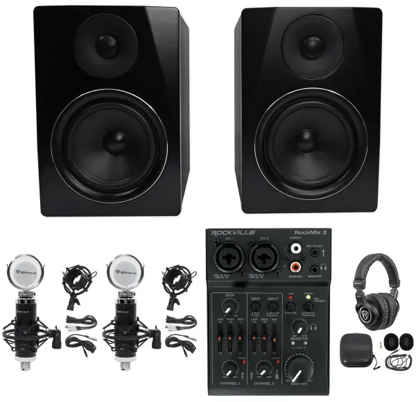 Rockville Recording Kit: 2) 6.5" Black Studio Monitors+USB Mixer+Mics+Headphones