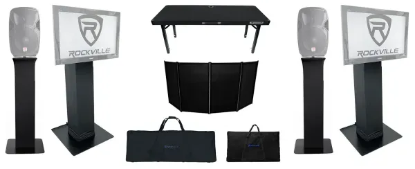 DJ Package w/Black Facade+2) Totem Lighting/Speaker Stands+2) TV Stands+DJ Table