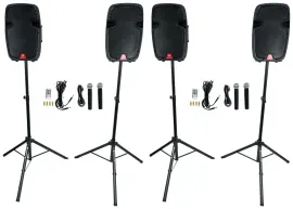 Rockville 4) 12" Battery Powered Speakers+Stands+Mics For Backyard Movie Theater