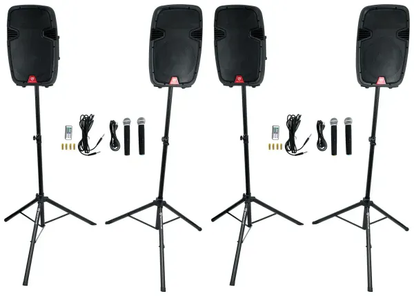 Rockville 4) 12" Battery Powered Speakers+Stands+Mics For Backyard Movie Theater