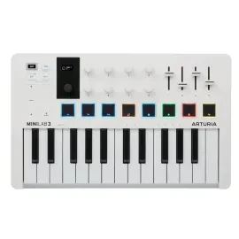 MIDI клавиатура  Arturia [MiniLAB 3] 25 клавиш, 8 энкодеров, 8 RGB пэдов, 8 фейдеров, дисплей, сенсорные регуляторы Pitch/Modulation, MIDI-выход, 1/4" Jack вход педали, режим Chord, арпеджиатор, USB-C