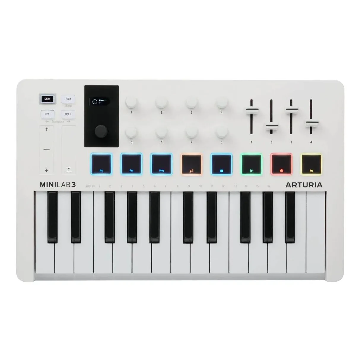 MIDI клавиатура  Arturia [MiniLAB 3] 25 клавиш, 8 энкодеров, 8 RGB пэдов, 8 фейдеров, дисплей, сенсорные регуляторы Pitch/Modulation, MIDI-выход, 1/4" Jack вход педали, режим Chord, арпеджиатор, USB-C