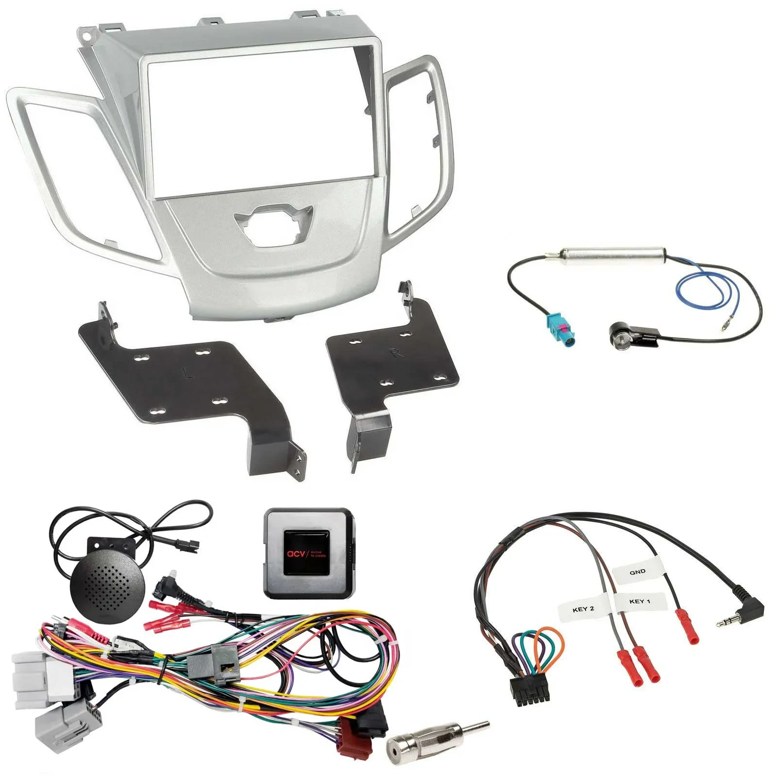 Einbauset Lenkradadapter Doppel DIN Autoradio für Ford Fiesta 2010-2017 silber