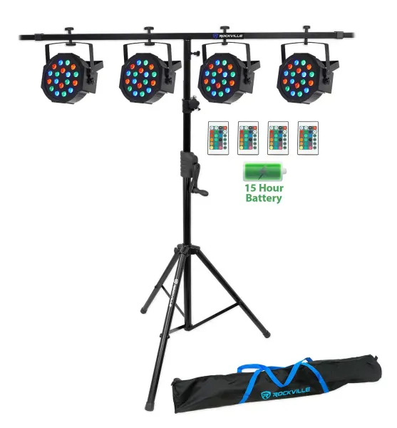 (4) Rockville BATTERY PAR 50 Rechargeable LED DMX DJ Wash Lights+Crank Stand