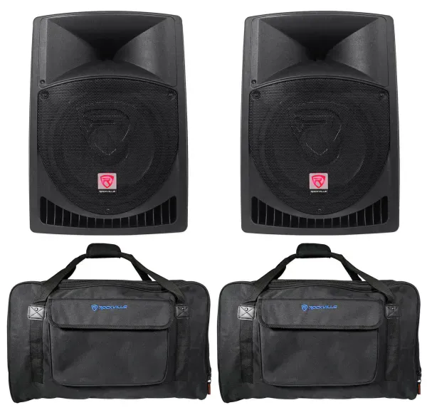 (2) Rockville RPG12 12" Powered 1600 Watt DJ PA Speakers+Carry Bags