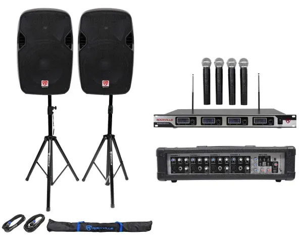 (2) Rockville SPGN124 12" 2400w DJ PA Speakers+Amp+(4) Mics+Stands+Cables+Bag