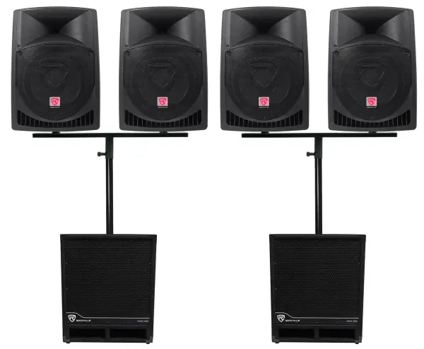 (4) Rockville RPG12 12" Active DJ PA Speakers+Mounts+(2) 15" Powered Subwoofers