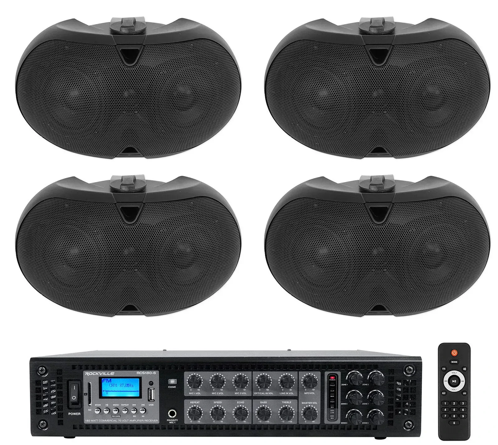 Настенная акустика Rockville RCS180-6+(4) D4-70V Black с усилителем (4 штуки)