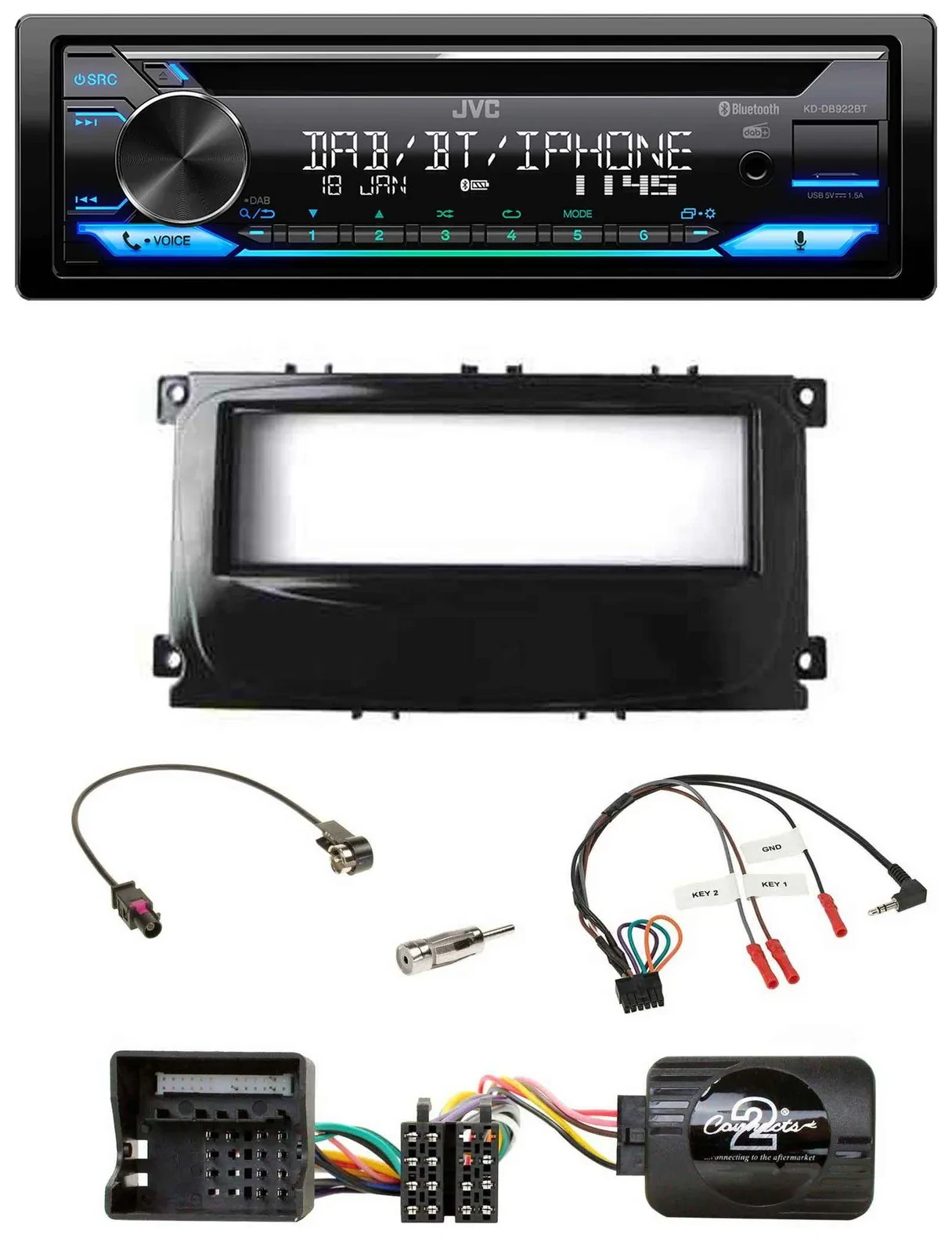 Автомагнитола JVC CD USB Bluetooth DAB для Ford Mondeo (2007–2014) и S-Max, черный глянец, поддержка кнопок на руле