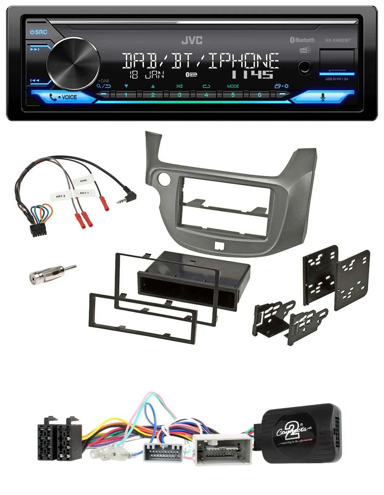 Автомагнитола для Honda Jazz (с 2014) JVC Bluetooth, DAB, USB, серебристая