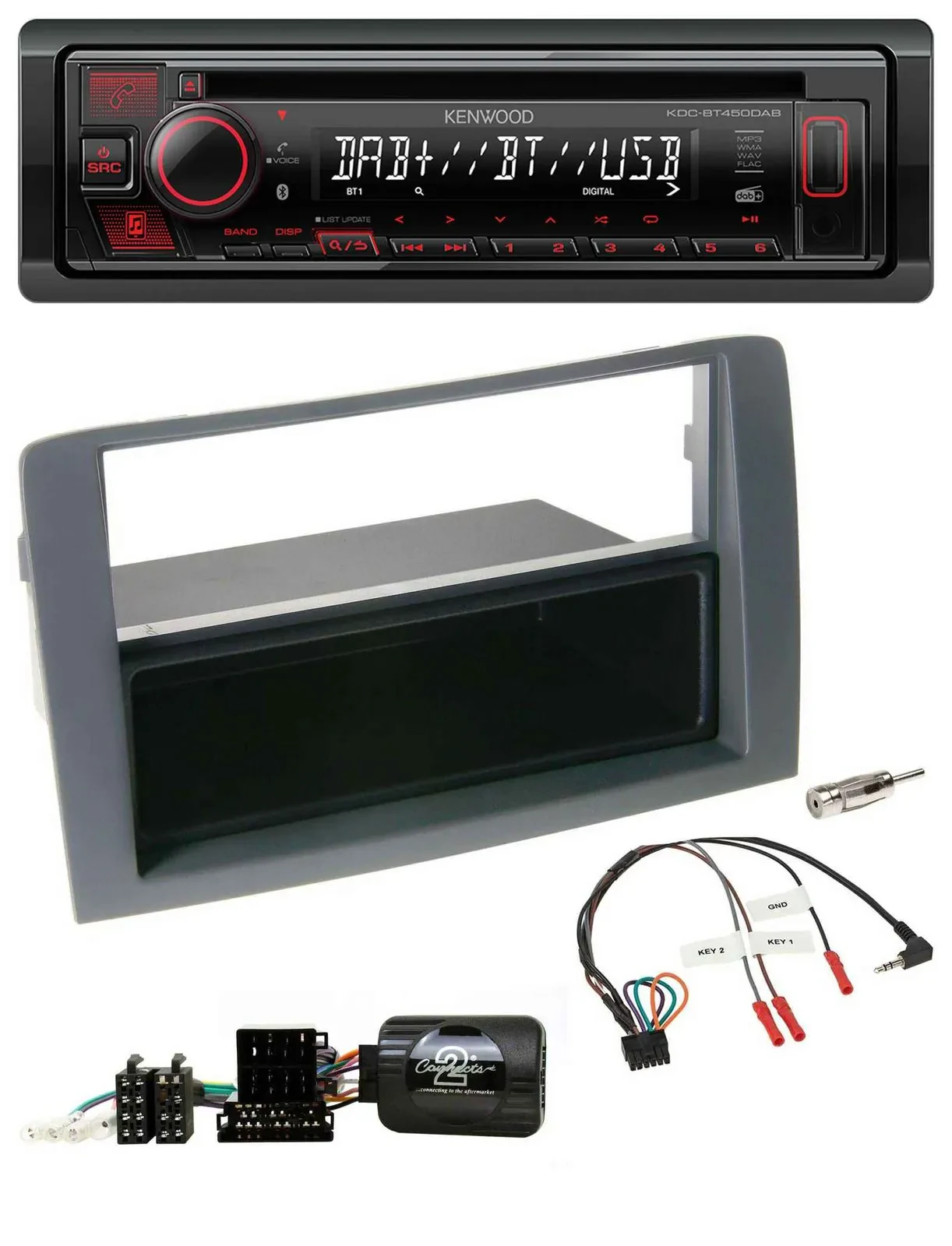 Автомагнитола Kenwood CD, USB, Bluetooth, DAB для Fiat Idea 2006–2011, серый