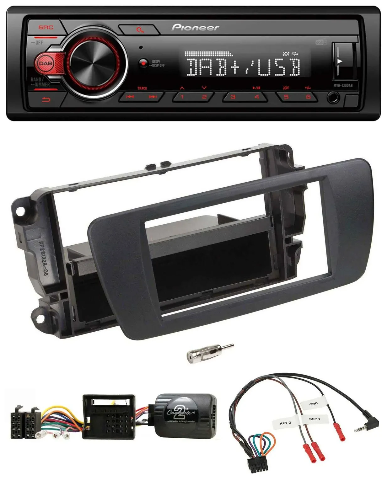 Автомагнитола для Seat Ibiza Pioneer 1 DIN, DAB, USB, совместима с управлением на руле, чёрная