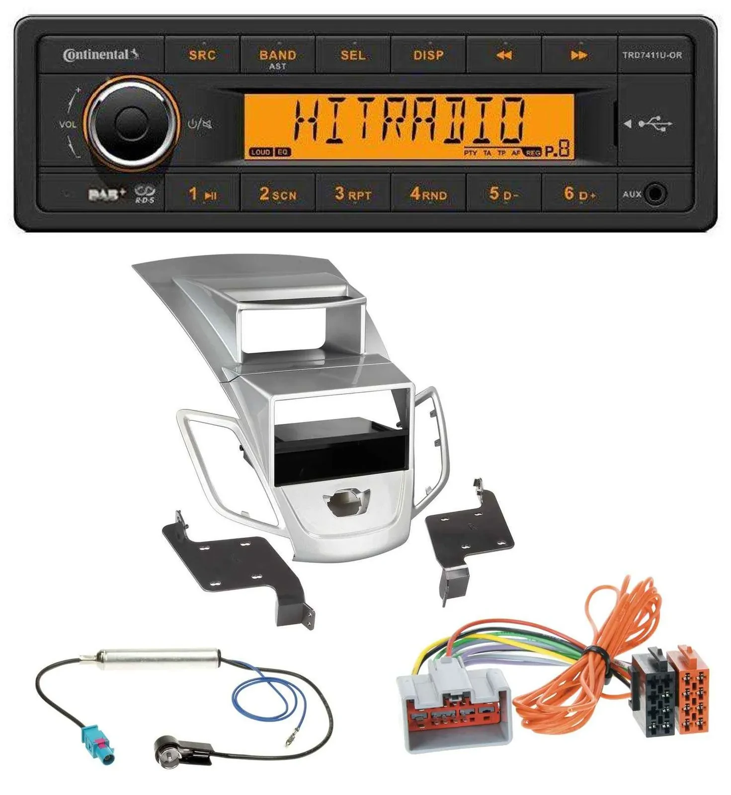 Автомагнитола Continental для Ford Fiesta (2008–2010) 1DIN, DAB, MP3, AUX, USB, серебристый